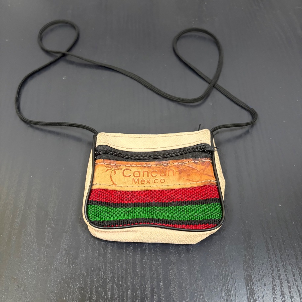 Cancun Mexico Souvenir Crossbody Bag Small Woven Striped Leather Neck Pouch 0110